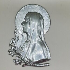 Vintage Virgin Mary Wall Plaque Cast Metal Relief Madonna Lillies Made in USA